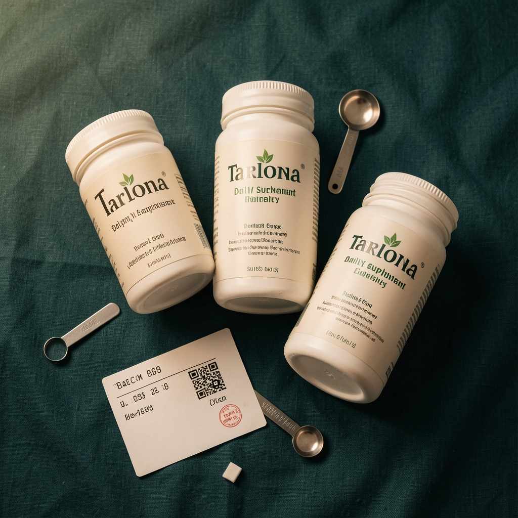 Editorial flat-lay of Ridanto daily supplement containers arranged on dark teal linen, with batch code cards and a small measuring spoon under warm studio lighting