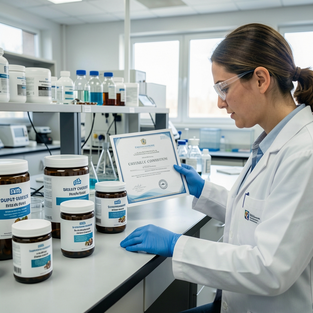 Quality-control environment — laboratory bench with supplement batch containers, printed certificate of composition, and a technician's gloved hands checking lot-code labels under bright workspace lighting