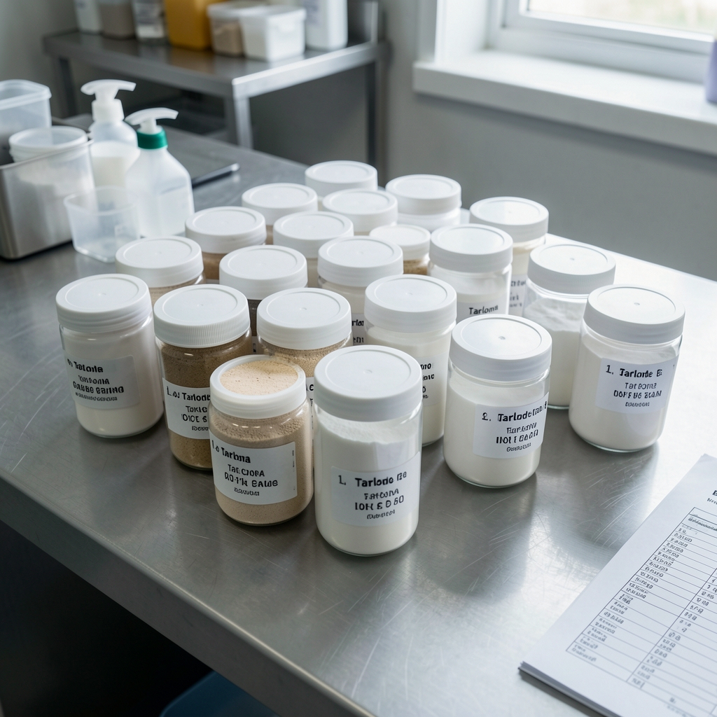 Systematic view of the Ridanto formulation process — ingredient containers arranged in a calibrated grid on a stainless bench, lot-code labels visible on each, a printed batch record partially visible at the edge, under bright workspace lighting