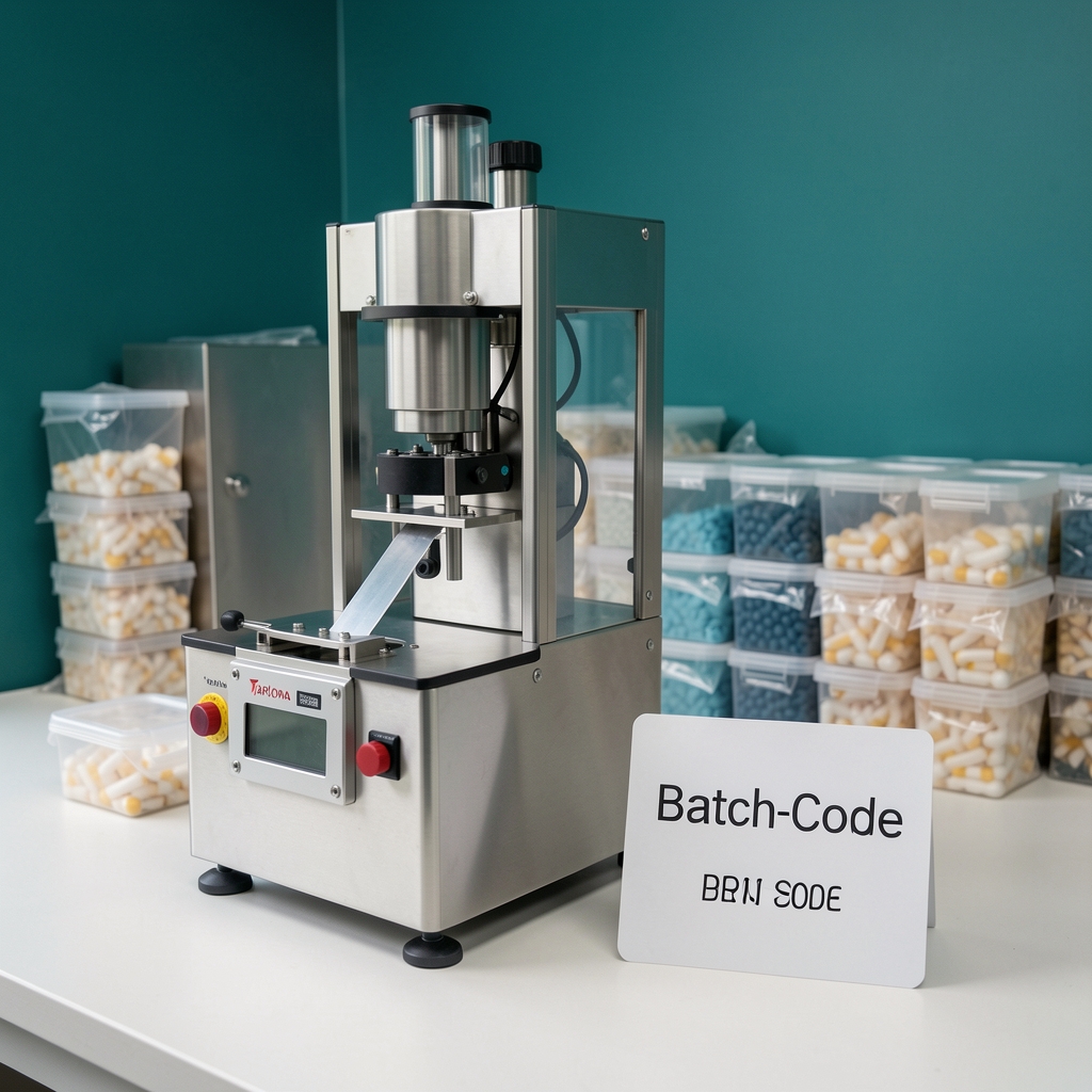 Ridanto encapsulation station — HPMC capsule filling machine with batch-code card propped beside it, sealed capsule containers stacked in background, clean workspace with teal wall