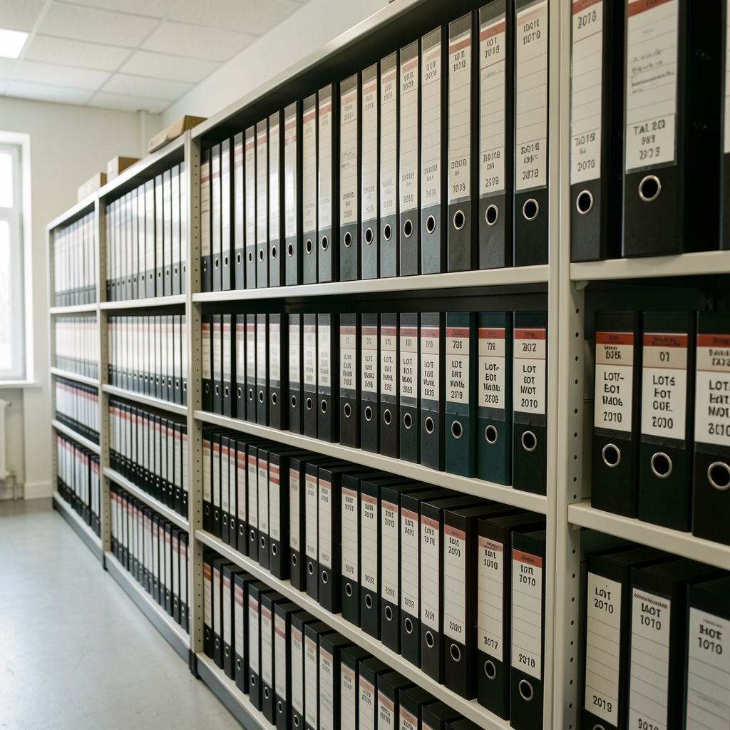 Ridanto archive shelf — rows of filed batch documentation binders arranged in date order, lot-code index visible on spine labels, well-lit archive room