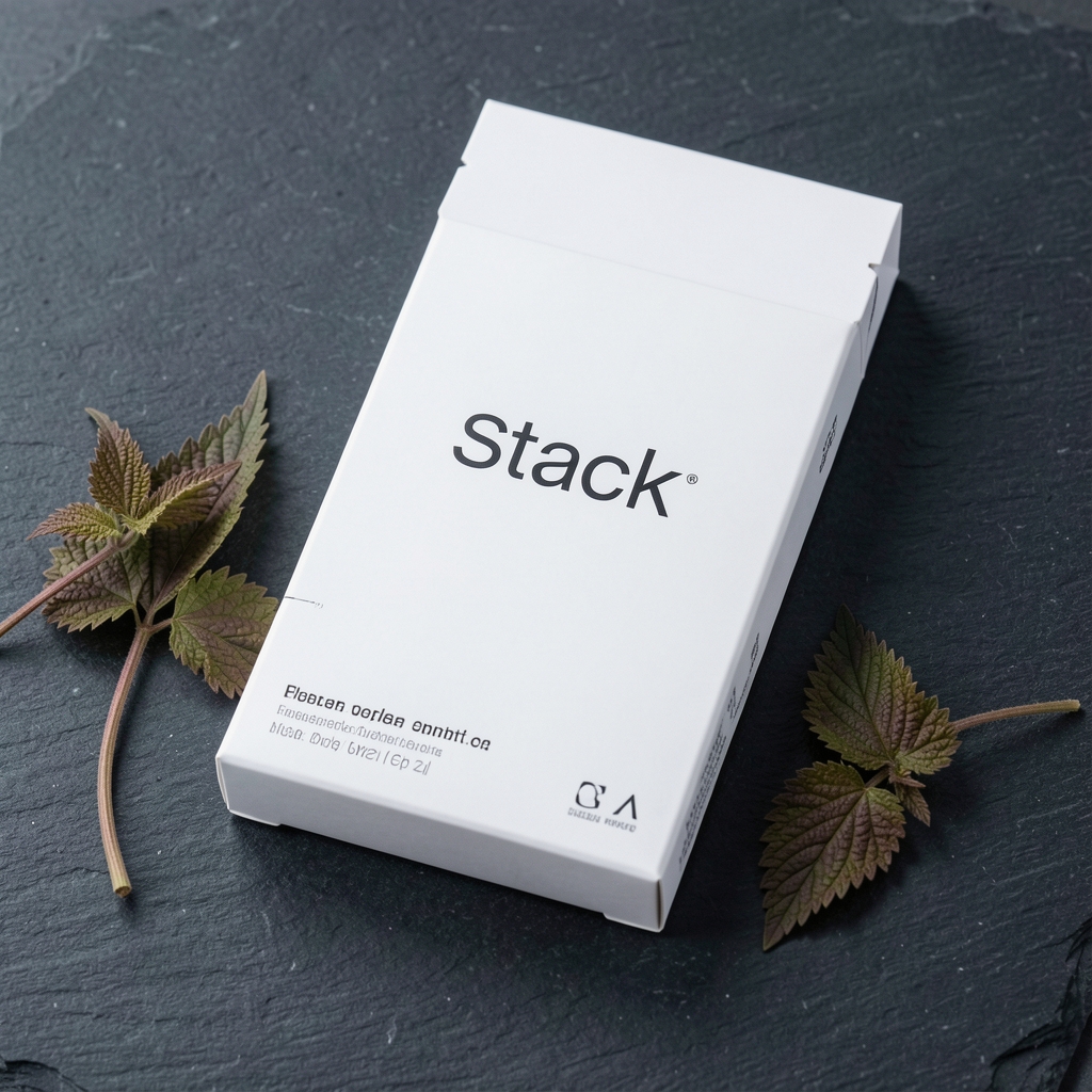 Close-up of Ridanto Vitality Stack supplement packaging laid flat on a slate background with minimalist typography and a sprig of dried nettle leaf beside it under bright studio lighting