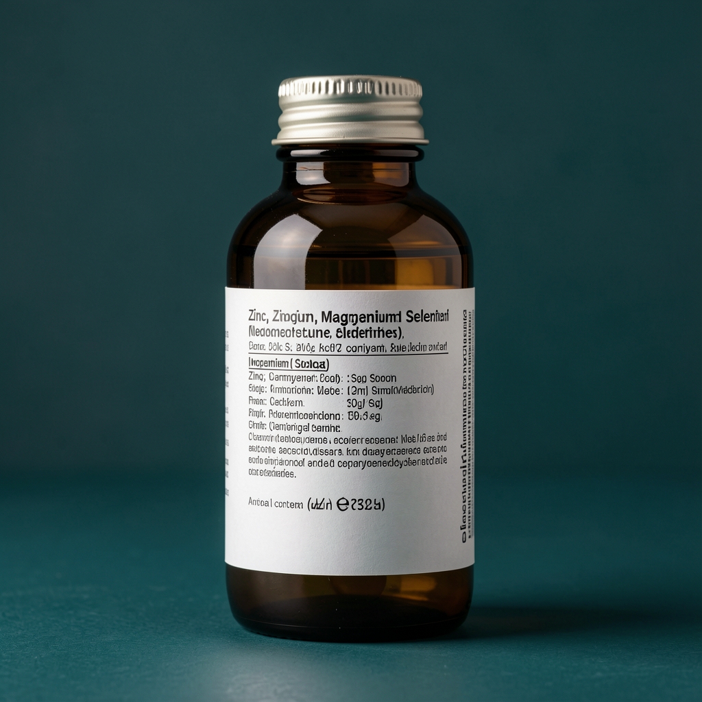 Ridanto Core Mineral Complex amber glass bottle with label visible — zinc, magnesium and selenium ingredients listed on the back panel, photographed upright on a dark teal surface under clean workspace lighting