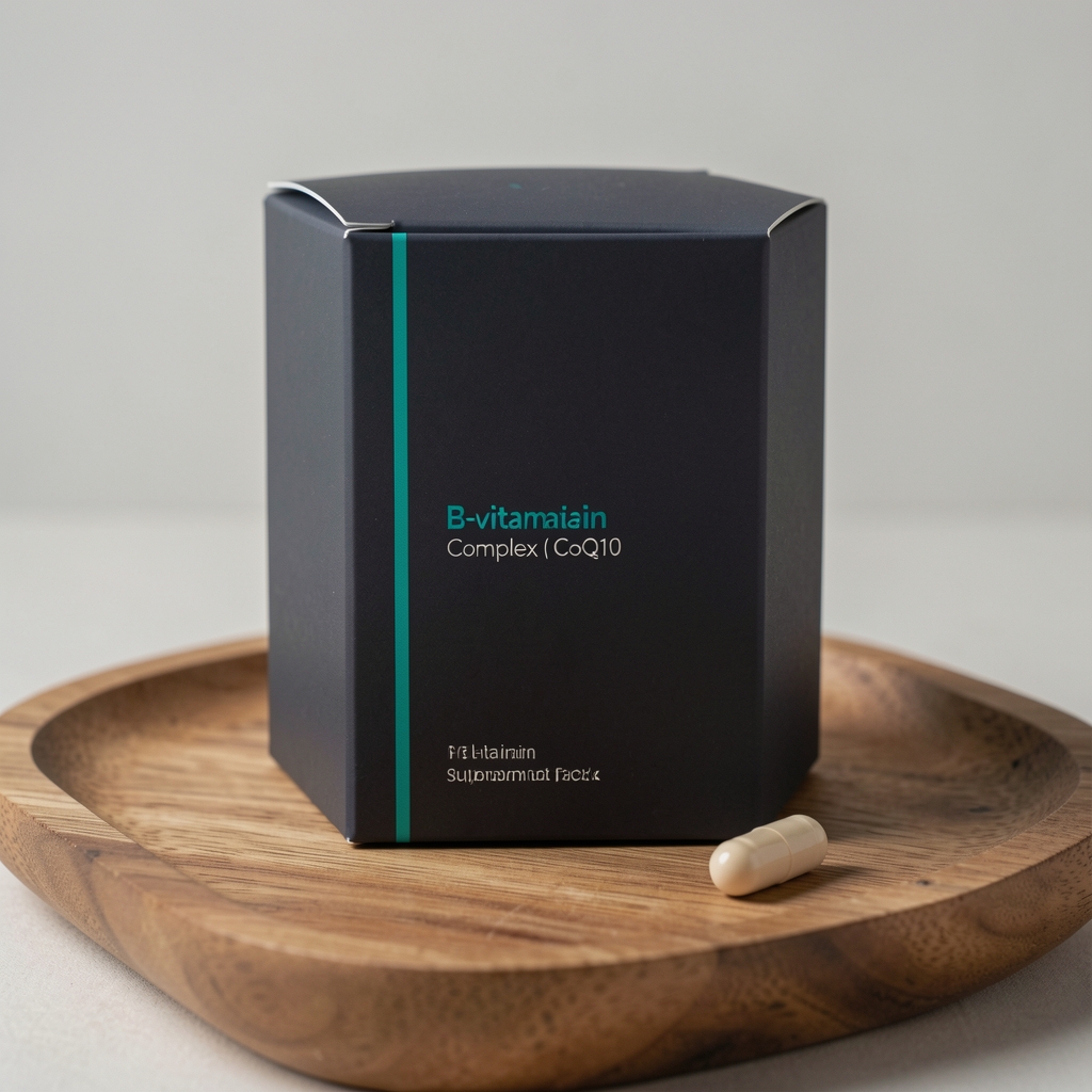 Ridanto Stamina and Vitality Stack supplement pack — matte dark packaging with embossed teal accent line, B-vitamin complex and CoQ10 listed on front, shot on a wooden tray with a single capsule beside it under studio lighting