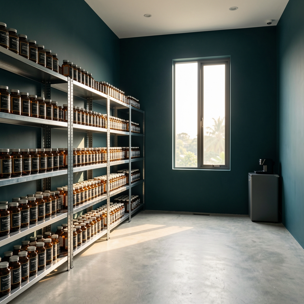Interior of the Ridanto formulation studio in Jakarta — rows of amber supplement bottles on open metal shelving, dark teal walls, a single large window with afternoon light streaming through, clean concrete floor