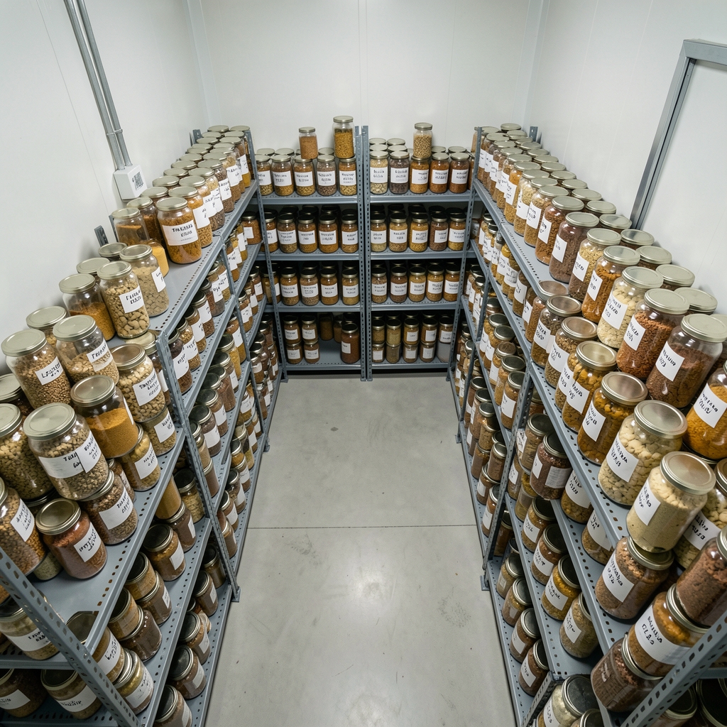 Overhead view of the Ridanto ingredient storage area — rows of sealed glass jars labelled by supplier lot code on adjustable shelving in a temperature-controlled room
