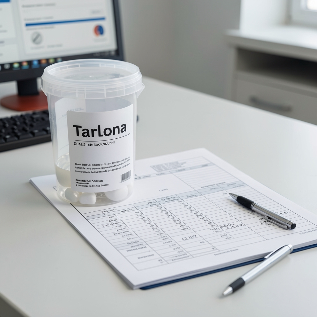 Ridanto quality-control station — printed independent laboratory report alongside a sealed batch sample container, pen resting beside opened analysis spreadsheet in a clean workspace
